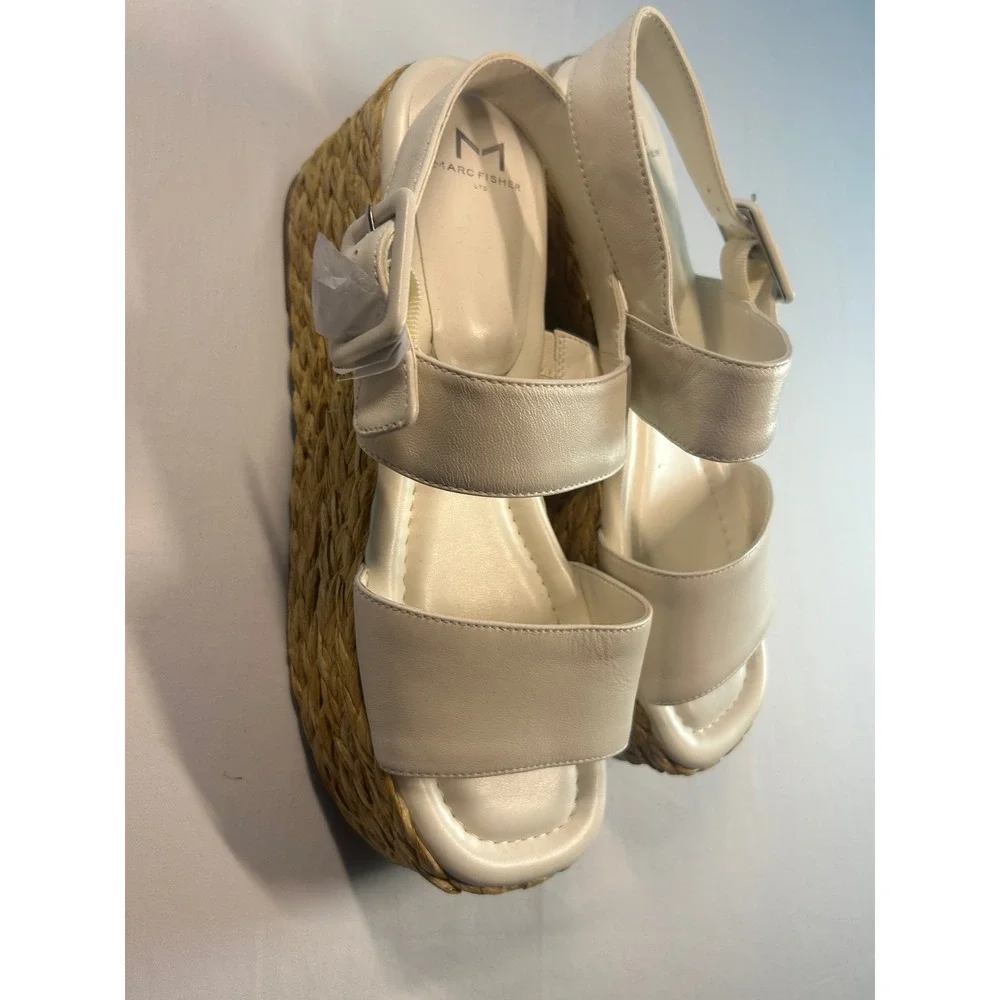 Marc Fisher LTD Dalary Platform Sandals Women 10 White Leather Espadrille Wedge